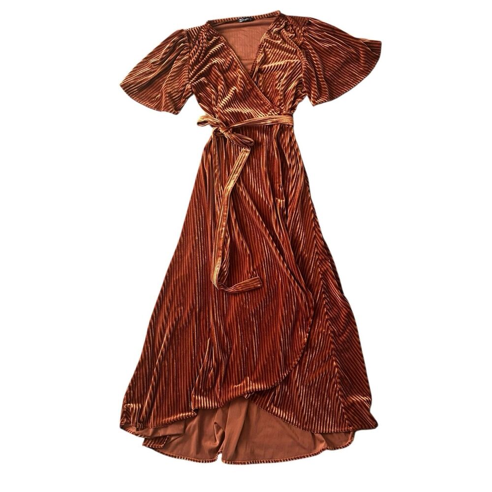 Women's Formal Rust Colored V-neck Ribbed High Low Velvet Wrap Dress Sz Medium‎